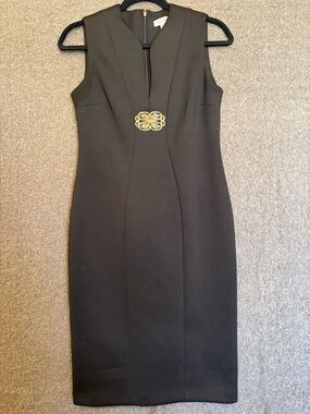 Calvin Klein Black Midi Sheath Dress with Gold Accent